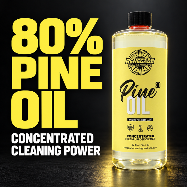 Renegade Pine Oil 80 concentrated cleaner in a 32 oz bottle, with 80% pine oil and concentrated cleaning power text.