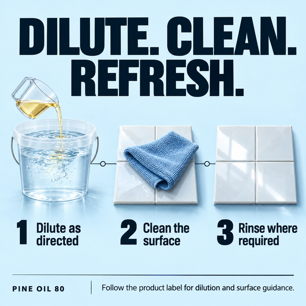 Renegade Pine Oil 80 use guide: dilute as directed, clean the surface and rinse where required. Follow the product label for dilution and surface guidance.