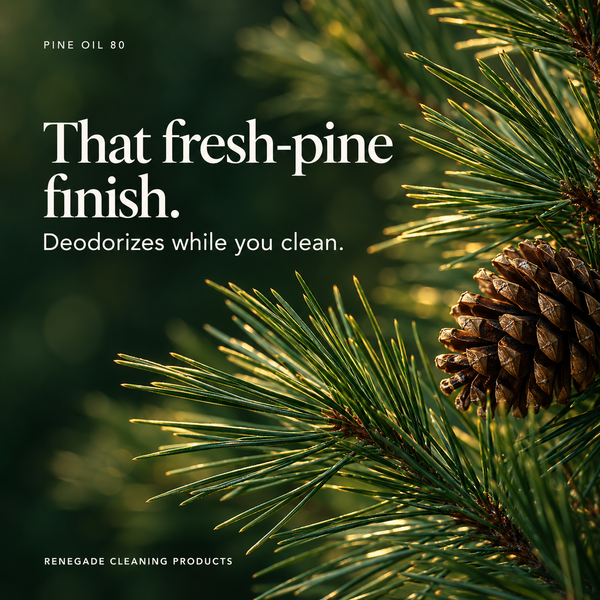 Pine needles and a pine cone in a Renegade Pine Oil 80 graphic reading That fresh-pine finish and Deodorizes while you clean.