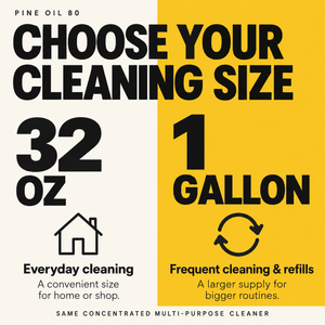 Renegade Pine Oil 80 size guide: 32 oz for everyday home or shop cleaning; 1 gallon for frequent cleaning and refills. Both are the same concentrated cleaner.