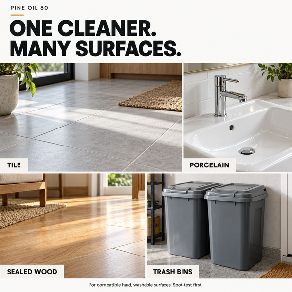 Renegade Pine Oil 80 surface guide showing tile, porcelain, sealed wood and trash bins. For compatible hard, washable surfaces; spot-test first.