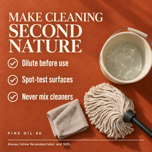 Renegade Pine Oil 80 checklist beside a mop and bucket: dilute before use, spot-test surfaces and never mix cleaners. Always follow the product label and SDS.
