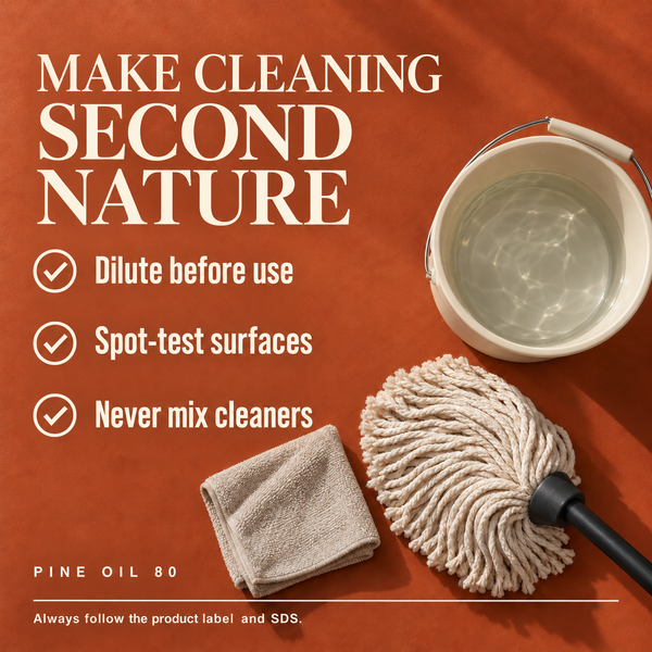 Renegade Pine Oil 80 checklist beside a mop and bucket: dilute before use, spot-test surfaces and never mix cleaners. Always follow the product label and SDS.