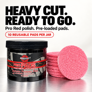 Renegade Pro Pads jar and pink polishing pads on metal; graphic reads “Heavy cut. Ready to go,” “Pro Red polish. Pre-loaded pads,” and “10 reusable pads per jar.”