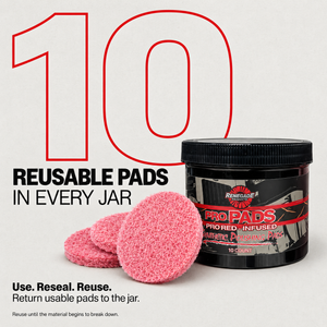 Renegade Pro Pads jar with pink pads; graphic states “10 reusable pads in every jar” and advises returning usable pads to the jar, reusing until the material begins to break down.