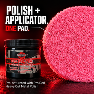 Renegade Pro Pads jar beside a pink pad close-up; text describes one pad as polish plus applicator, pre-saturated with Pro Red Heavy Cut Metal Polish.