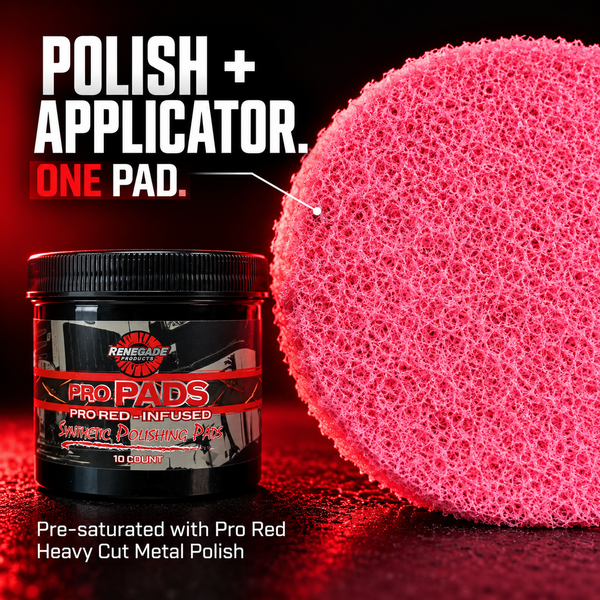 Renegade Pro Pads jar beside a pink pad close-up; text describes one pad as polish plus applicator, pre-saturated with Pro Red Heavy Cut Metal Polish.