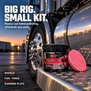 Renegade Pro Pads jar and pink pad on a truck’s diamond-plate step beside a wheel and fuel tank; graphic promotes heavy-cut hand polishing for these surfaces.