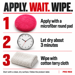 Renegade Pro Red guide: start with clean, dry metal, apply with a microfiber round pad, let dry about 3 minutes and wipe with cotton terry cloth. Follow the product label.