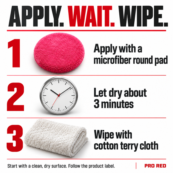Renegade Pro Red guide: start with clean, dry metal, apply with a microfiber round pad, let dry about 3 minutes and wipe with cotton terry cloth. Follow the product label.