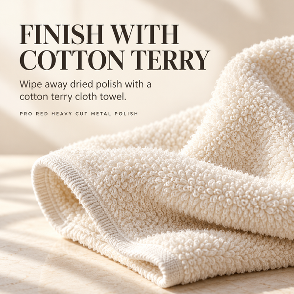 Cotton terry towel in a Renegade Pro Red Heavy Cut Metal Polish guide instructing users to wipe away dried polish with a cotton terry cloth towel.