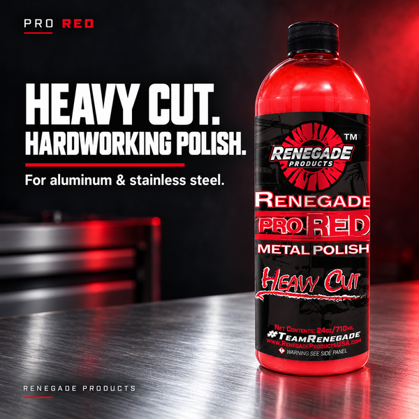 Renegade Pro Red Heavy Cut Metal Polish bottle on a metal worktop, with text identifying aluminum and stainless steel applications.