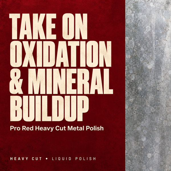 Renegade Pro Red Heavy Cut Metal Polish graphic with a weathered metal strip and the headline Take on oxidation & mineral buildup.