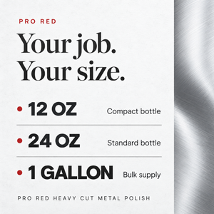 Renegade Pro Red Heavy Cut Metal Polish size guide: 12 oz compact bottle, 24 oz standard bottle and 1 gallon bulk supply.