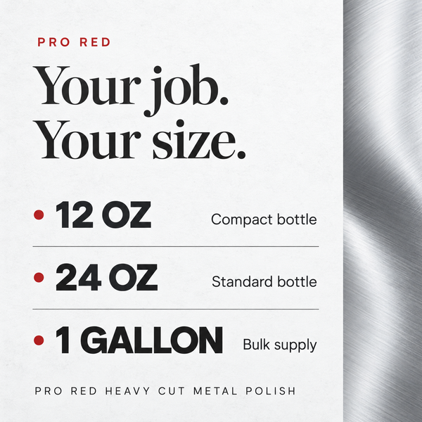 Renegade Pro Red Heavy Cut Metal Polish size guide: 12 oz compact bottle, 24 oz standard bottle and 1 gallon bulk supply.