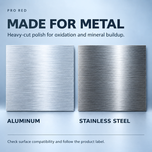 Renegade Pro Red guide showing aluminum and stainless steel samples, with heavy-cut polish text for oxidation and mineral buildup. Check compatibility and follow the label.