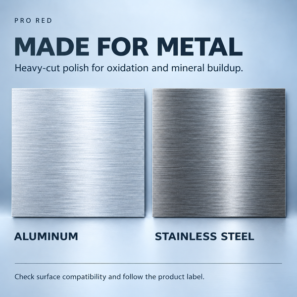 Renegade Pro Red guide showing aluminum and stainless steel samples, with heavy-cut polish text for oxidation and mineral buildup. Check compatibility and follow the label.