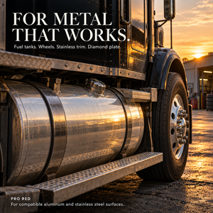 Truck fuel tank, wheel and diamond-plate step in a Renegade Pro Red graphic listing fuel tanks, wheels, stainless trim and diamond plate for compatible metal surfaces.