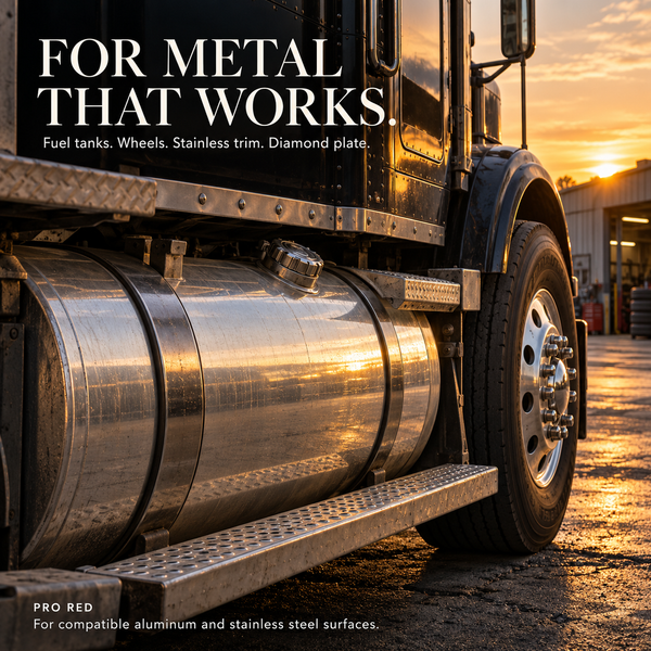 Truck fuel tank, wheel and diamond-plate step in a Renegade Pro Red graphic listing fuel tanks, wheels, stainless trim and diamond plate for compatible metal surfaces.