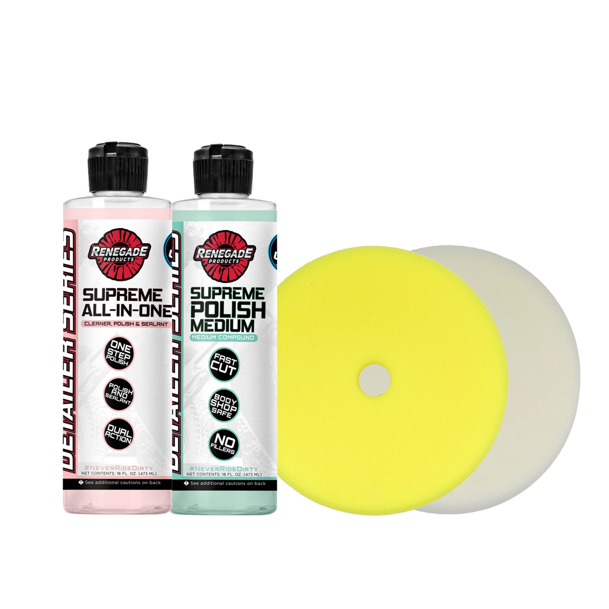 Renegade Basic Paint Correction Kit with Supreme All-In-One Polish and Cleaner, supreme medium polish, with yellow and white foam polishing pads for vehicle paint restoration.