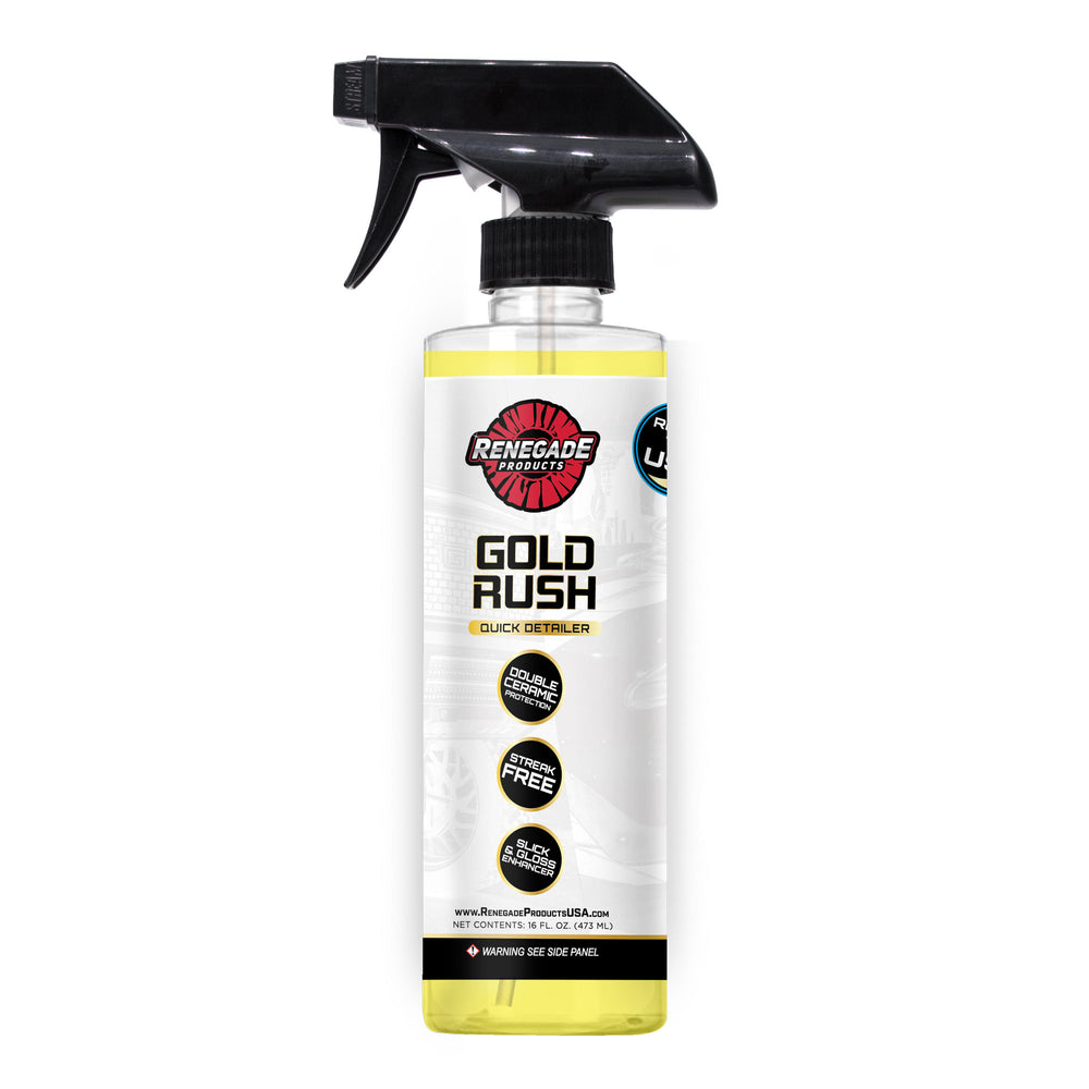 bottle of renegade products gold rush quick detailer with a black trigger on a white background. bottle features double ceramic protection, being streak free, and the ability to enhance slickness and gloss