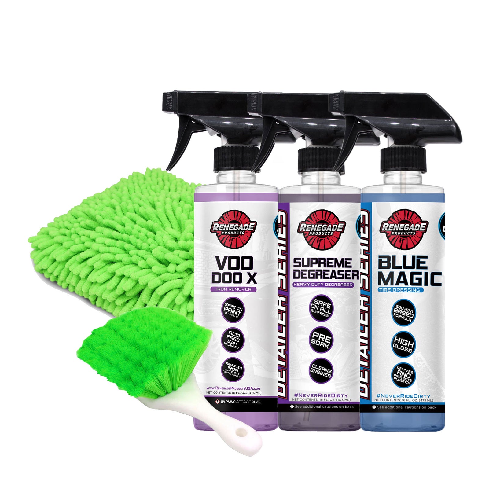 picture of renegade products Clean & Shine Wheel Bundle featuring voodoo x iron remover, supreme heavy duty degreaser, blue magic tire dressing, a wash mitt, and a wheel brush on a white background.