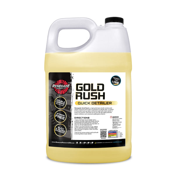 gallon container bottle of renegade products gold rush quick detailer with a black cap on a white background. bottle features double ceramic protection, being streak free, and the ability to enhance slickness and gloss