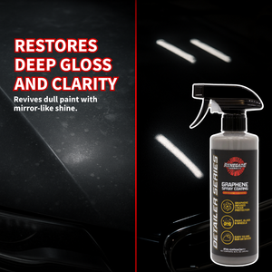 infographic showing Renegade Products Graphene ceramic Spray Coating restoring deep gloss and clarity to dull paint with a mirror-like shine