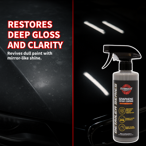 infographic showing Renegade Products Graphene ceramic Spray Coating restoring deep gloss and clarity to dull paint with a mirror-like shine