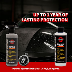 infographic showing Renegade Products Graphene ceramic Spray Coating and Graphene ceramic Wash from the Detailer Series offers up to 12 months of protection against water spots, UV rays, and grime. Black car in background.