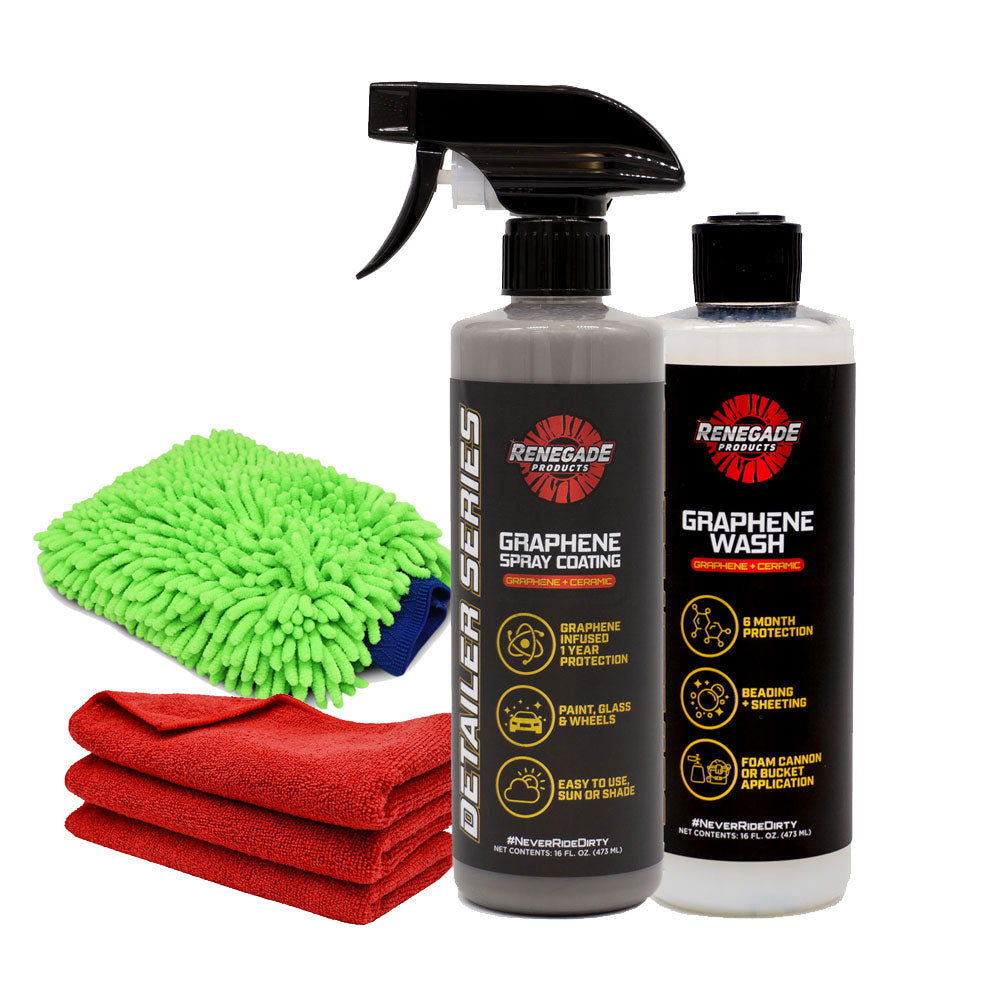 Renegade products Graphene Wash & Protect bundle with ceramic graphene wash, ceramic graphene spray coating, wash mitt, and microfiber towels for vehicle care.