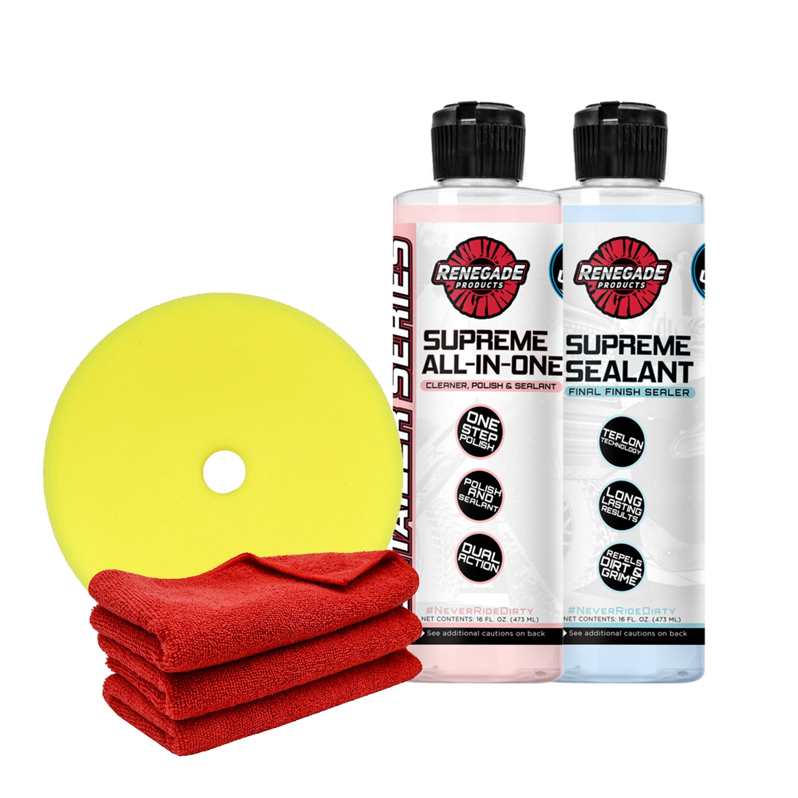 Renegade products Headlight Restoration Kit with supreme all in one cleaner and polish, supreme sealant, yellow foam pad, and microfiber towels on a white background