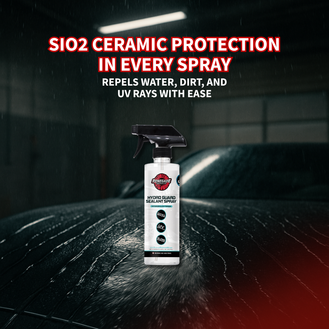 spray bottle of renegade products hydro guard ceramic spray stating sio2 ceramic protection from water, dirt, and uv rays