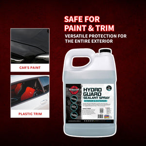 Hydro Guard sealant Spray gallon container with text about protection for paint and plastic trim on a dark red background