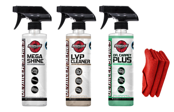 Inside Job Bundle featuring Renegade LVP Cleaner, Mega Shine Dressing, Dr. Carpet+ Stain Remover, and microfiber towels for complete car interior care on a white background