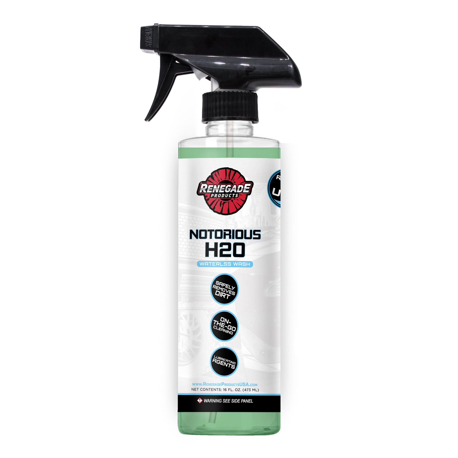 photo of renegade products NOtorious H2o Waterless Wash bottle with a black trigger handle on a white background.