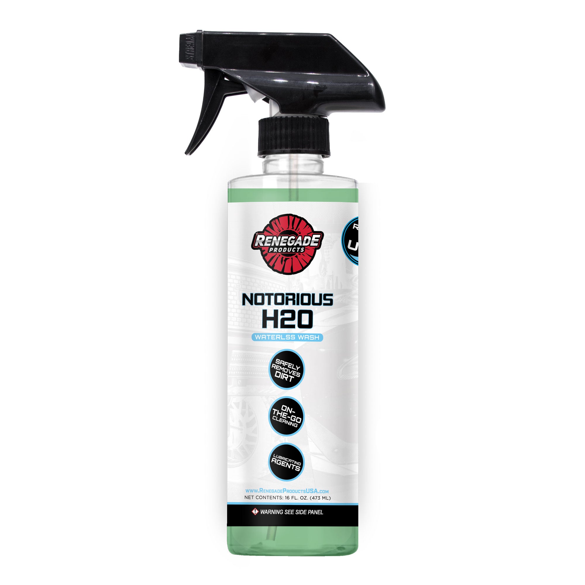 photo of renegade products NOtorious H2o Waterless Wash bottle with a black trigger handle on a white background.