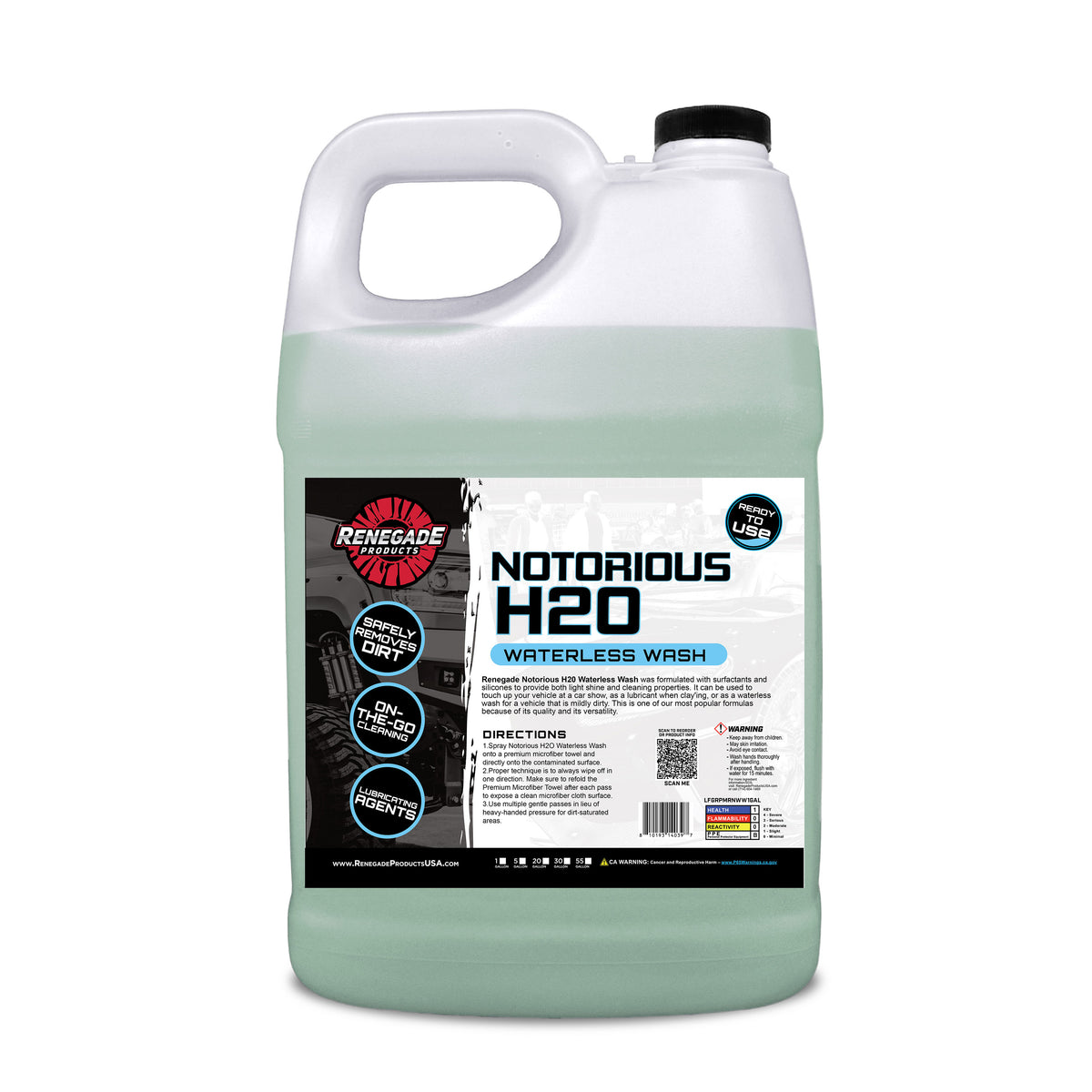 photo of renegade products NOtorious H2o Waterless Wash 1 gallon bottle with a black cap on a white background.