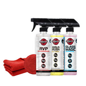 Renegade products Quick Clean Kit with Gold Rush Detailer, RVP Dressing, Glass Magic Cleaner, and microfiber towels and pad on a white background