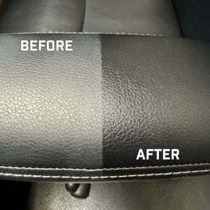Comparison of vinyl seat surface before and after cleaning or treatment with renegade lvp leather, vinyl, and plastic dressing, with 'BEFORE' on the left and 'AFTER' on the right.