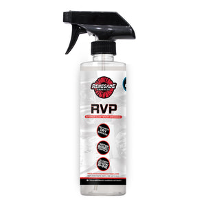 photo of 16 ounce bottle of renegade products rvp interior and exterior dressing with black sprayer on a white background.