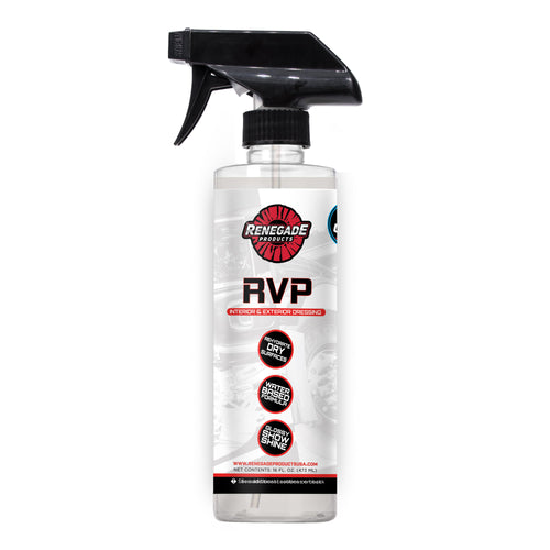 photo of 16 ounce bottle of renegade products rvp interior and exterior dressing with black sprayer on a white background.