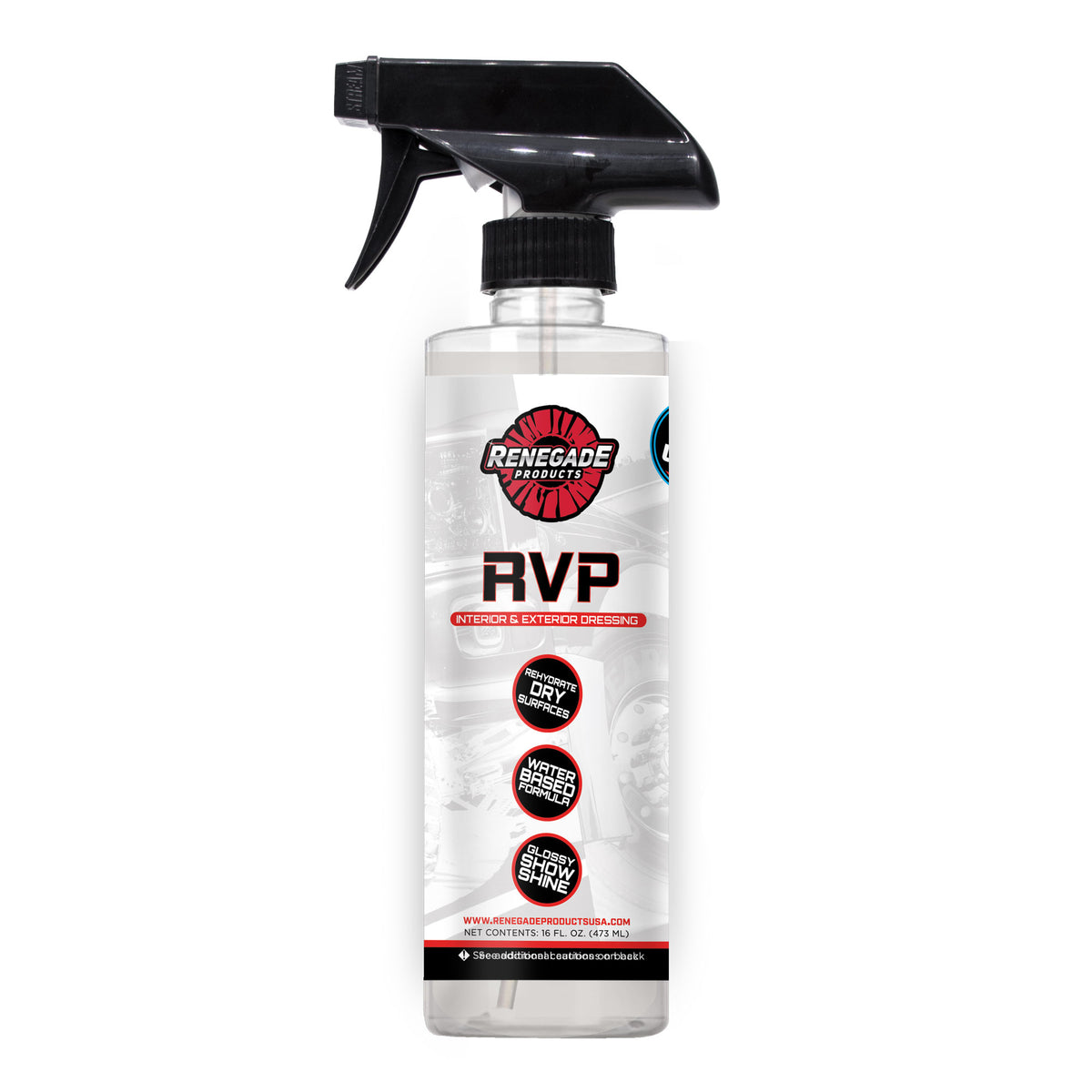 photo of 16 ounce bottle of renegade products rvp interior and exterior dressing with black sprayer on a white background.