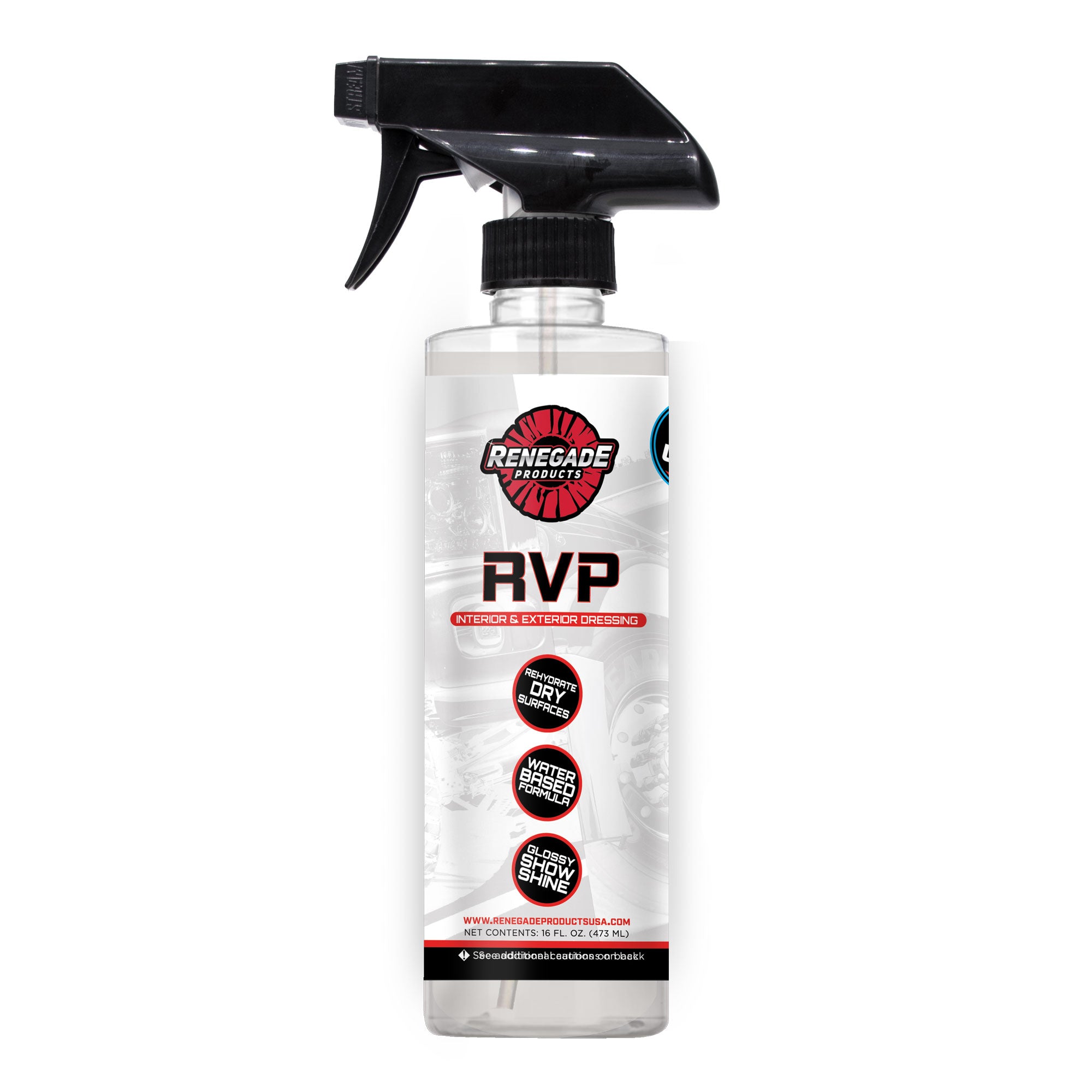 photo of 16 ounce bottle of renegade products rvp interior and exterior dressing with black sprayer on a white background.