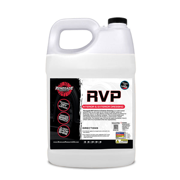 photo of 1 gallon of renegade products rvp interior and exterior dressing with black cap on a white background.