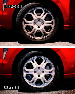 Before and after comparison of  a wheel mounted on a red car after being cleaned with renegade products voodoo x iron remover