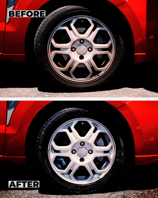 Before and after comparison of  a wheel mounted on a red car after being cleaned with renegade products voodoo x iron remover