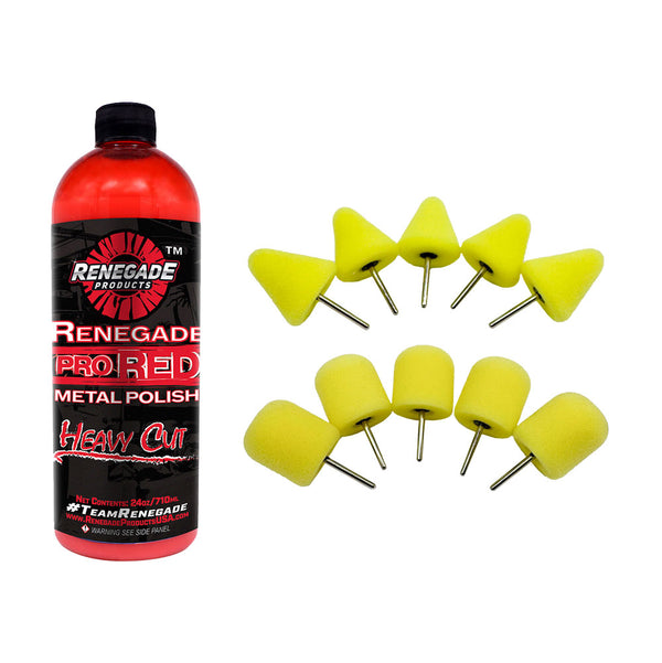 photo of Renegade Products Wheel Window Polishing Bundle with pro red metal polish, foam polishing cones, and foam polishing barrels 