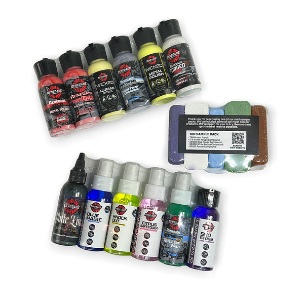 Assorted Renegade Products Sample Packs including cleaners, polishes, and dressings in various small-sized containers.