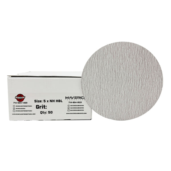 Pack of 50 white and gold 5 and 6 hook & loop aluminum oxide sanding discs for metal polishing.